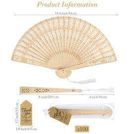 Aodaer 100 Pieces Wooden Folding Fan Sandalwood Folding Hand Fan Openwork Vintage Chinese Fan with White Tassel, Organza Bag and Greeting Cards for Wedding Birthday Party Favors Home Decorations