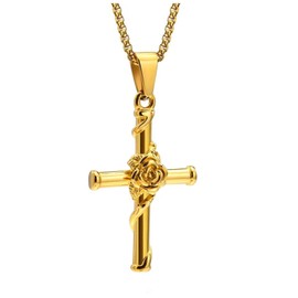 GIVUFUN Men Women Cross Rose Pendant Necklace with 24 Inch Stainless Steel Chain for Birthday,Gold Color