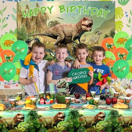 Dinosaur Birthday Party Decorations, Dinosaur Party Supplies, Including Happy Birthday Banner, Cupcake Toppers, Balloons, Tablecloth, Plate, Tablewares for Kids, Boys, Girls, Serves 20 (Backdrop)