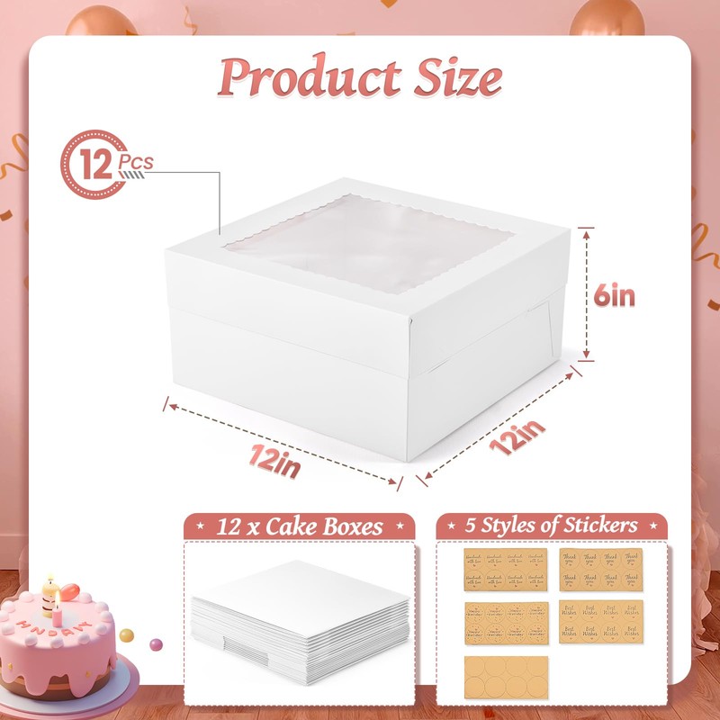 DOYIDE 12Pcs Cake Boxes, 12x12x6 Inches White Bakery Boxes with