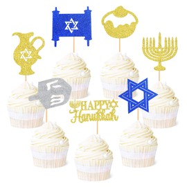 Ercadio Paquete de 28 adornos para magdalenas Happy Hanukkah con purpurina, hexagrama, púas para magdalenas, iluminación de menorá, decoración para tartas, nueve llamas, decoración para fiestas temáticas de Hanukkah