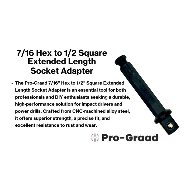 Pro-Graad 7/16 Hex to 1/2 Square Socket Extended Length Adapter