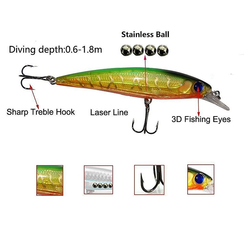 10pcs/lot Hard Minnow Lure Baits 3D Fish Eyes Laser Line