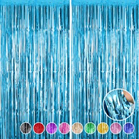 2Pcs Light Blue Foil Fringe Curtain - HADEEONG 3.28ft x 6.56ft Metallic Tinsel Backdrop Door Curtains Photo Booth Backdrop for Wedding Birthday Bridal Shower Baby Shower Bachelorette Party Decorations