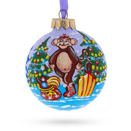 Monkey with Christmas Tree and Gifts Glass Ball Christmas Ornament 3.25 Inches