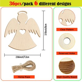 36 Pieces, Wooden Angel Christmas Ornaments, 6 Different Designs, 3.15 inch