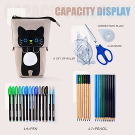 Maomaoyu Cute Cartoon Cat Stand up Pencil, Cat Pencil Case for Girls, Large Lightweight Canvas Holder for Kids Students Adults Girls Boys Presents, Grey