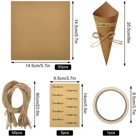 Emperoch 50 Pcs Kraft Paper Confetti Cones, Wedding Confetti Cones, Bouquet Petals Candy Cone Holder with Sticker Jute String for Wedding Baby Shower Christmas Buffet Party DIY Gift Packing (Brown)