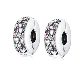 MEETCCY 2pc Clip Spacer Charm Bracelets for Women 925 Sterling Silver Blue White Crystal Charm Clip Lock Spacer Stopper Charm Bead for Bracelet (Pink Crystal Love -2pc)