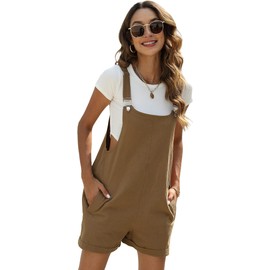 Fiona Jolin Women's Summer Cotton Linen Short Overalls Casual Bib Overall Shorts Rompers with Pockets (Khaki-M)