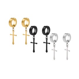 Non-pierced Earrings Set for Men Women Cross Titanium Steel Hoop Dangle Clip On Earring, Metal, No Gemstone