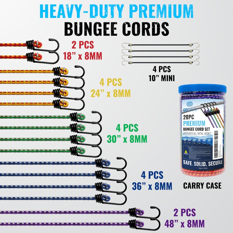 GOEASY0312 Premium Bungee Cords Heavy Duty - 20 pcs Bungee