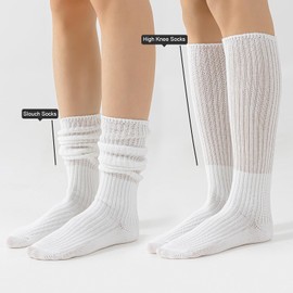 Fszsaa Slouch Socks Pack For Women 80s Retro Scrunch Knee High Socks Long Slouchy Stacked Ribbed Boot Socks for Women Girls, White-2pack, One Size