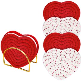 Whaline Valentine's Day Handmade Braided Cotton Coasters Love Heart Shape Drink Coasters Red White Absorbent Cup Coasters with Holder for Party Home Office Decor Housewarming, Set of 4