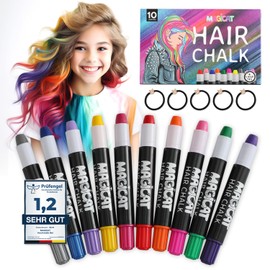 Magicat Premium Hair Chalk Set of 10 Washable Hair Chalk Pens and 5 Hair Bobbles I Ideal for Children and Teenagers I Fancy Dress Party Birthday I Hair Chalk for Girls and Boys