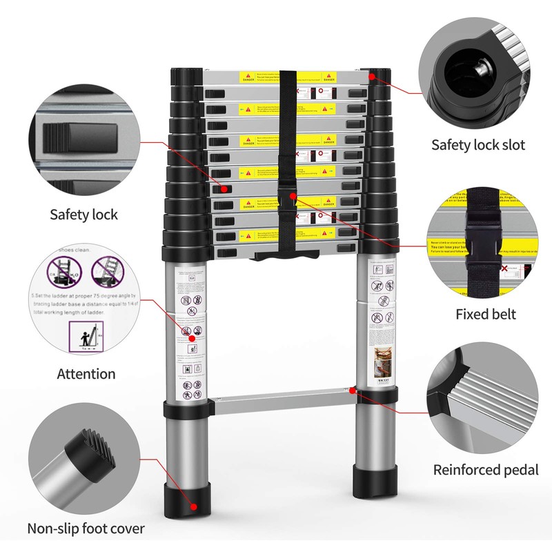 Telescoping Extension Ladder 12.5FT, Aluminum Telescopic Ladders with Carry Bag