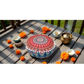 CRAFT KALA Large Hippie Mandala Meditation Floor Ottoman Pillow Cushion Pouf Cover Square Poufs Bohemian Circle Floor Cushion Case Outdoor Fireplace Yoga Living Room Decor Cover Orange, 16" Round