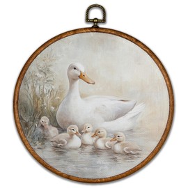 BCUANGD Retro Duck Round Wall Art Decor - Vintage Village Antique Wall Art Canvas Frame Artwork Prints, Rustic Cottagecore Nature Round Wall Hanging Decorations for Home Farmhouse, 10"x10"