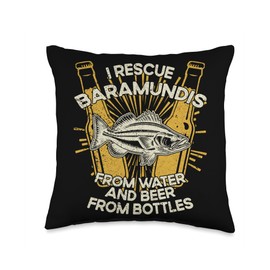 Funny Barramundi Gift for Men & Women I Rescue Beer-Fisherman Fishing Barramundi Throw Pillow, 16x16, Multicolor