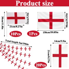 St Georges Day Decorations Set, England Flag 1.5x0.9m, 10 Pcs Handheld Small Flags and Total Length 5m England Bunting for St Georges Day Accessories