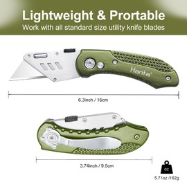Box Cutter Heavy Duty Utility Knife, Razor Knife, Lightweight Aluminum Handle, Back-lock Mechanism, Stainless Belt Clip, for Carpet, Carton, Box, Cardboard, with 5-piece Extra Blades, Olive Green