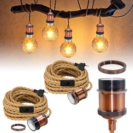 Boho Rustikal Hanfseil Pendelleuchte Kit mit 5.1M Kabel, 2 Stück Vintage Red Copper Hängelampe mit Stecker,Industrial Pendelleuchte mit Schalter,Retro Lampefassung E27,für Cafe,Max.60W,Ohne GlüHbirne