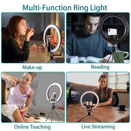 Four Seasons BeiJiaEr 10" Selfie Ring Light with Tripod Stand & Cell Phone Holder and Remote Control 120 Bulbs Dimmable for YouTube Video/Live Stream/Makeup/Photography / 3 Light Modes &10 Brightness