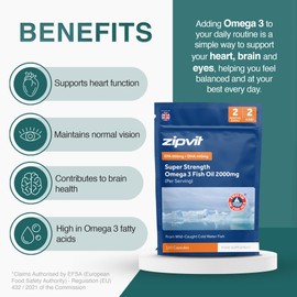 Zipvit Omega 3 Fish Oil 2000mg per Serving Including EPA 660mg DHA 440mg, 120 Softgel Capsules in Pouch, 2 Months Supply, High Strength, Supports Heart and Brain Function