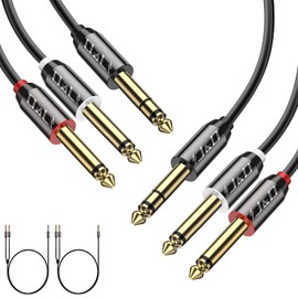 J&D 2-Pack 6.35 mm to 2x 6.35 mm Cable, Gold Plated [Copper Shell] [Heavy Duty] 6.35mm 1/4" TRS Male to 2 X 6.35mm 1/4" TS Male Stereo Audio Adapter Cable - 9 Feet