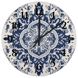 Silent Wall Clock Round Silent Non-Ticking Blue Damask Floral Navy Farmhouse Wood Clocks Plant Botanical Wildflowers Wall Decor for Restaurant Classroom Porch 12 Inch