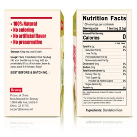 Besway Dandelion Root Tea Bag 100 counts, 2.5g/Bag Premium Roasted Dandelion Root Caffeine-Free, Detox Herbal Tea for Digestion & Immune Support 100% Natural, Non-GMO, Product of China