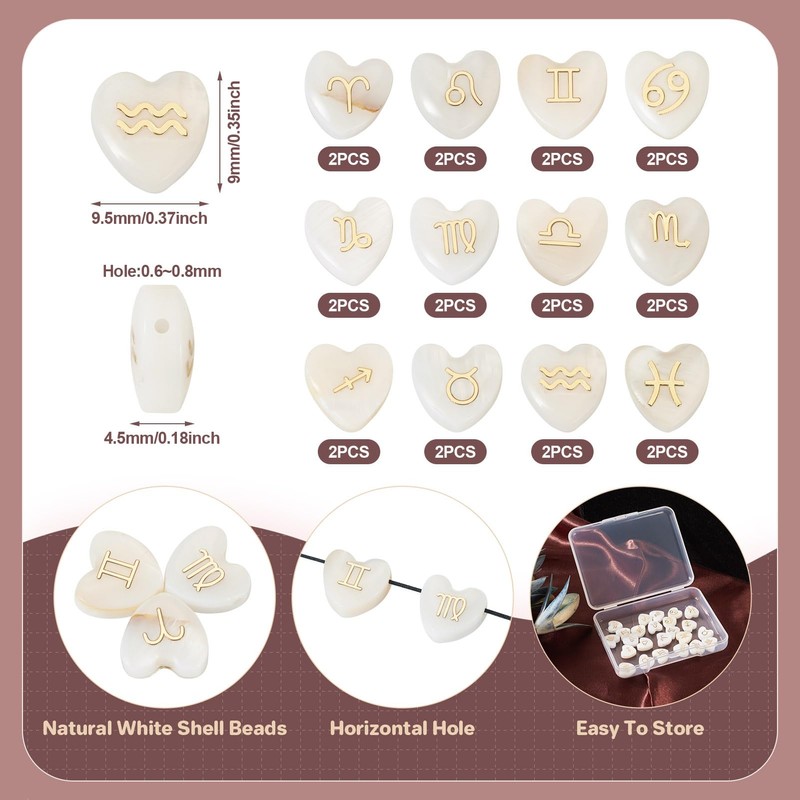 PandaHall 24 Pieces 12 Constellations Shell Beads Heart Natural Shell