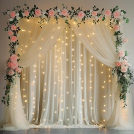 Fomcet Champagne Backdrop Curtains with Lights String 10X8FT Polyester Fabric & Tulle Curtains Backdrop Drapes for Back Drop Photoshoot Baby Shower Birthday Party Decor 2 Panels 5x8FT