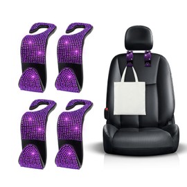Ohleats 4 PCS Bling Car Seat Headrest Hooks, Crystal Rhinestone Back Seat Hanging Storage Organizer, Vehicle Seat Hanger Holder for Purse Handbag Coat, Interior Car Accessories (Purple)