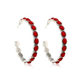 Bohemian Silver-Tone Faux Turquoise Round Hoop Natural Colorful Stone Beaded Drop Dangle Earrings Western Cowgirl Retro Vintage Ethnic Boho Jewelry for Women-red