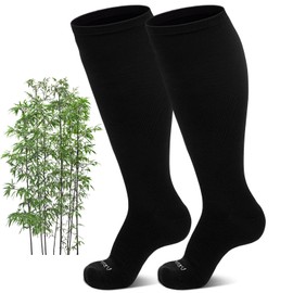 ZFSOCK Bamboo Compression Stockings Calf for Women: Plus Size Thick Support Stockings Men's Wide Calf Thrombosis Stockings Seamless 15-20 mmhg for Hiking Flight Travel Running 1 Pair, black