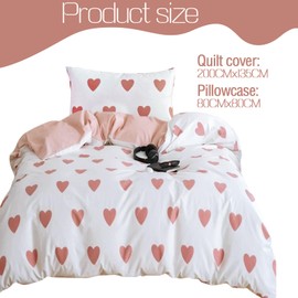 LOMUG Bed Linen 135 x 200 cm Aesthetic Romantic White with Pink Hearts Duvet Cover Microfibre Double Bed Duvet Cover Set with Pillowcases 80 x 80 cm Single Bed Duvet Cover Reversible Bed Linen with
