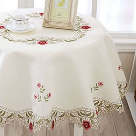 LeLehome 68“ Round Flower Embroidered Classic Tablecloth, Floral Vintage Lace Table Cloth Cover for Party Wedding Home Dining Kitchen Decoration, Red Rose