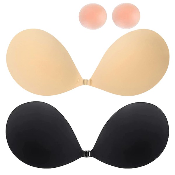 Albrta Sticky Bra, 2 Pairs Adhesive Bra, 2023 Upgrade Sticky Bras for Women Push Up, Invisible Sticky Boobs, Backless Strapless Bras for Women with Nipple Covers C