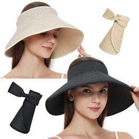 Maylisacc Summer Womens Wide Brim Topless Straw Sun Hat Packable, 2 Pack Rollable Ladies UV Visor Hat, Black & Beige