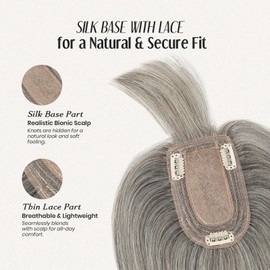 MY-LADY Human Hair Toppers for Women Real Human Hair with Bangs Thin 7 * 13CM Silk Base with Lace Clip in Remy Hairpieces 150% Density 10 Inch White Blonde & Natural Black