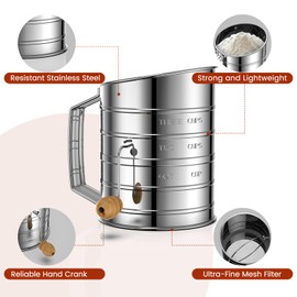 Flour Sifter for Baking, Stainless Steel 3 Cup Flour Sifter with Rotary Hand Crank, Fine Mesh and Agitator Flour Duster, Esvopa