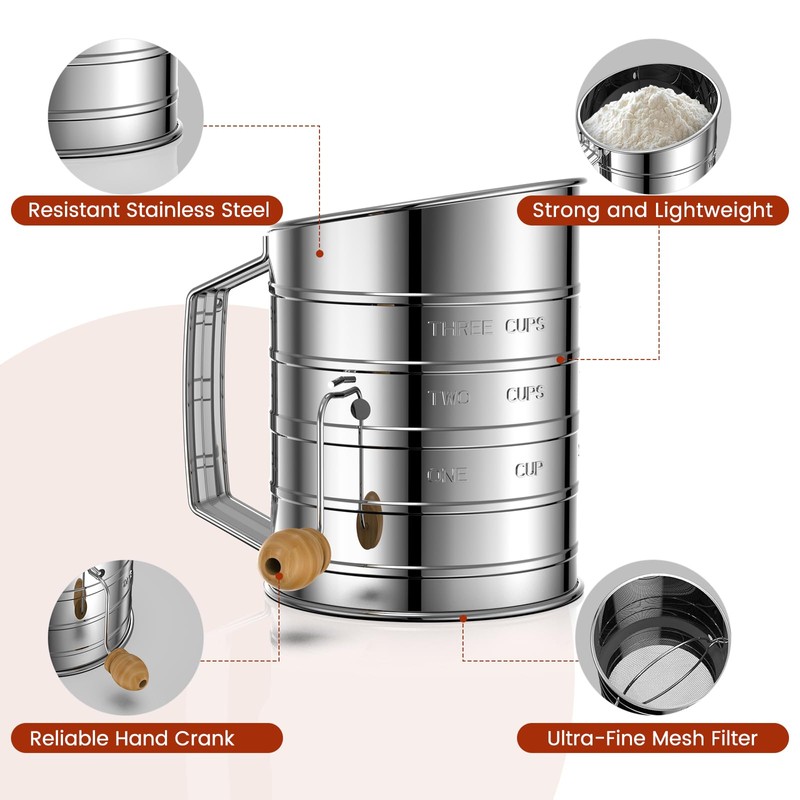 Flour Sifter for Baking, Stainless Steel 3 Cup Flour Sifter