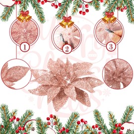 36 Pcs Christmas Glitter Poinsettia Flowers Magnolia Artificial Poinsettia Christmas Decorations Xmas Decorations Flowers with Clips Flower Ornaments for Christmas Tree Wreath, 3 Sizes (Rose Gold)