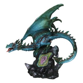 Ebros Gift Large 15" Long Menacing Turquoise Aquamarine Iridescent Dragon Guarding Colorful LED Faux Crystal Geode Rock Figurine Mythical Fantasy Home Decor Statue