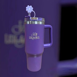 Leilanis Stainless Steel Tumbler with Handle, Straw, Lid, 40oz, Insulated, Flower Design,Tumbler Silicone Bottom Boot Protector, Keeps Hot and Cold (Dark Purple)