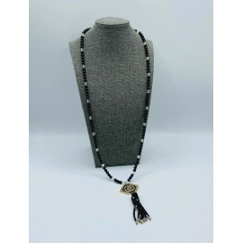 Avon Forever Paula Abdul Black & White Beaded Deco Long Tassel Necklace Boho NEW