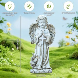 VOHESEA Solar Angel Garden Statues 30 cm Praying Angel with LED Cross Light, Angel Figure on Grave Decoration Weatherproof Angel Garden Figures Praying Angel Sculpture Decorative Lawn Yard Patio
