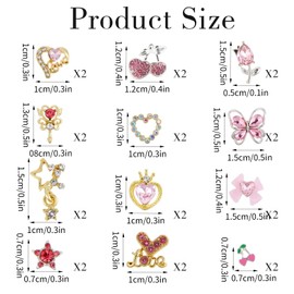 Qianyu 24 Stück Nagel-Charms Y2k-Legierung Nagelkunst Strass-Charms 3D-Schmetterlinge Herz, Kirsche Stern große Nägel Edelsteine süße Kristalldiamanten für Acryl-Accessoires für Frauen Mädchen