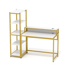 Teraves Computer Desk with 5 Tier Shelves,Reversible Writing Desk with Storage 49 Inch Study Table for Home Office Independent Bookcase and Desk for Multiple Scenes (Desk+Shelves, White+Gold Frame)